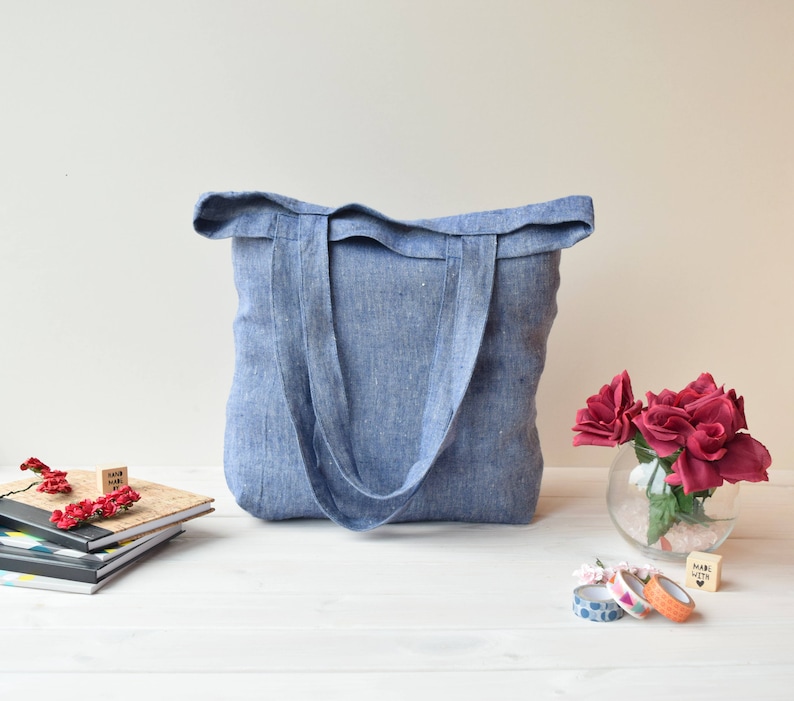 Blue linen shoulder bag, shopping bag, minimalist tote bag, farmer bag, sustainable bag, eco friendly bag, reusable bag, travel bag, summer image 1