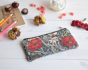 Pencil Case, pencil pouch, School Pencil Case, Pencil Bag, Flat pencil case, cute pencil case, pencils, make up case, black, poppies, zipper