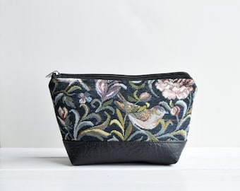 Handmade Tapestry Cosmetic Bag: Floral Bird Pattern, Black Faux Leather Bottom