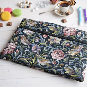Floral Birds MacBook Sleeve, Upholstery Fabric, Zippered Pocket