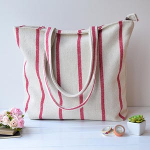 Tote Bag, Large Shoulder Tote Bag, Shopping bag, Top hand bag, Canvas tote bag, Summer beach bag, Zipped bag, Striped bag, Casual bag
