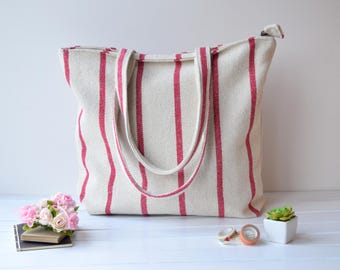 Striped tote bag: Zippered Shoulder Casual Everyday Bag