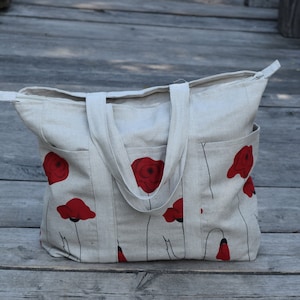 Linen summer tote bag, beach bag, poppies bag, natural bag, pure linen bag, pack bag, book bag, travel tote bag, shoulder bag, holdall, eco