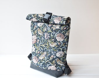 Floral Tapestry Roll-Top Backpack: Vintage Bird & Flower Print Rucksack, Haversack, Travel, Outdoor, Everyday backpack