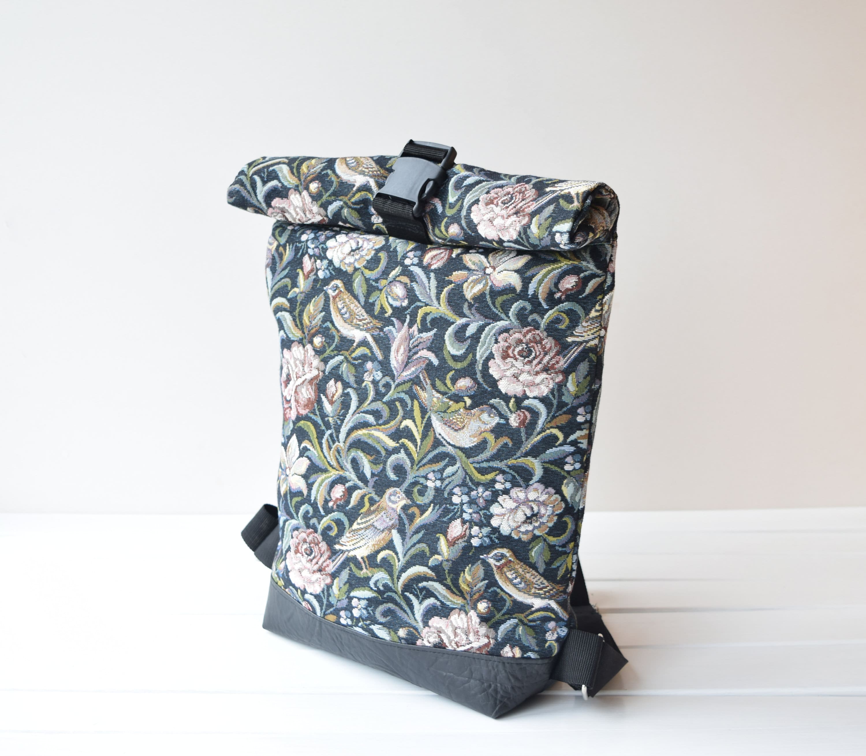 Floral Tapestry Roll-top Backpack: Vintage Bird & Flower 
