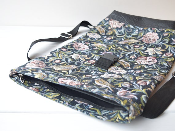 Unique Roomy Backpack Custom Made With Durable Tapestry Fabric Floral Tapestry Roll-top Backpack: Vintage Bird & Flower  main image 4