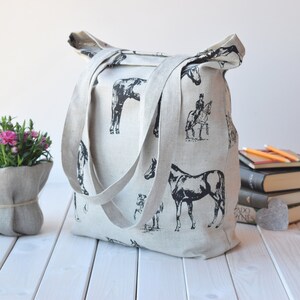 Sac fourre-tout en lin avec chevaux, sac à bandoulière, sac à provisions, sac de fermier, sac lourd, sac naturel, sac léger, sac réutilisable, respectueux de l'environnement