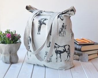 Linen tote bag with horses, shoulder bag, shopping bag, farmers bag, heavy bag, natural bag, lightweight bag, reusable bag, eco friendly