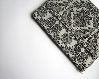 Funda para MacBook con bolsillo, diseño damasco, tapicería negra y gris