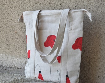 Tote bag zippered, shoulder bag with pockets, summer beach bag, sport bag, book bag, reusable bag, poppies bag, everyday bag, shopping bag