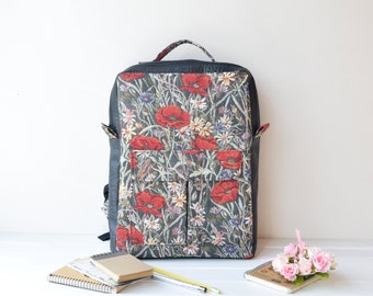 Backpack, Vertical Square Shape bag, Laptop bag, Women backpack, Rucksack Bag, Purse, School College Backpack, Travel bag, Black, Poppies