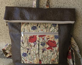 Floral Brown Upholstery Backpack: Faux Leather Travel Rucksack Daypack