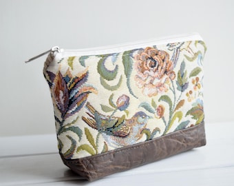 Floral Upholstery Makeup Bag: Faux Leather Bottom Travel Toiletry Bridesmaid Beauty Pouch