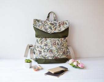 Waterproof Floral Tapestry Backpack: Handmade Cordura Flap close rucksack, pack sack, knapsack, kitbag
