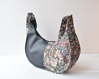 Floral Tapestry Half Moon Bag: Boho Crossbody Shoulder Bag