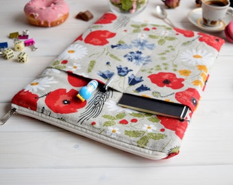 Poppies MacBook Sleeve: Meadow Linen Laptop Case with Pockets