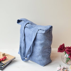 Blue linen shoulder bag, shopping bag, minimalist tote bag, farmer bag, sustainable bag, eco friendly bag, reusable bag, travel bag, summer image 2