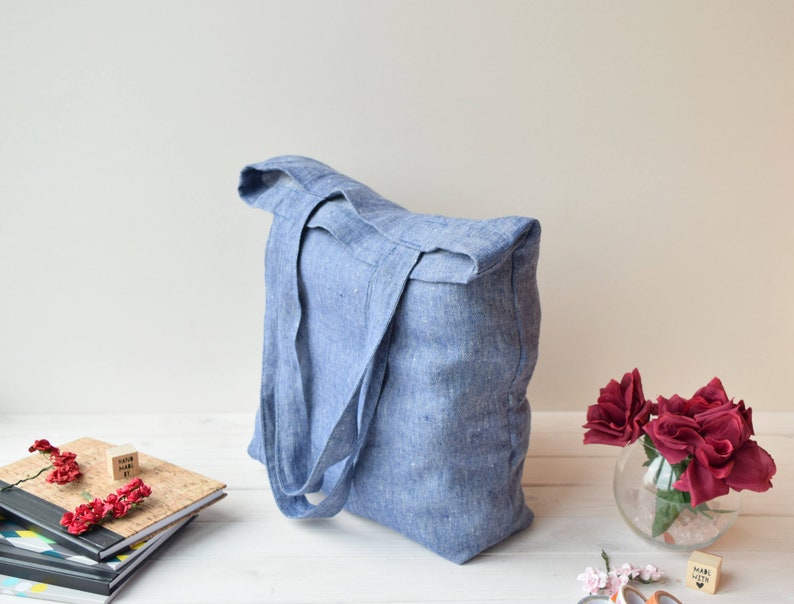 Blue linen shoulder bag, shopping bag, minimalist tote bag, farmer bag, sustainable bag, eco friendly bag, reusable bag, travel bag, summer image 2