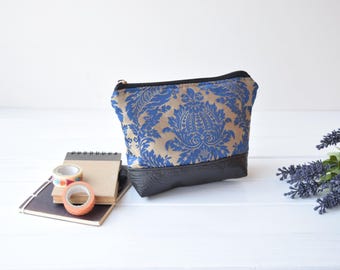 Blue Cosmetic Bag: Zippered Makeup & Pencil Case, Faux Leather Bottom, Travel Pouch
