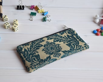 Teal pencil case, Project bag, Travel bag, Space Pencil Case, gadget pouch, Pencil Pouch, Cosmetic pouch, Damask Makeup bag, étui crayon