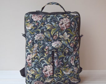 Vertical Upholstery Backpack: Birds & Roses Faux Leather, Minimalist Rucksack, Laptop bag