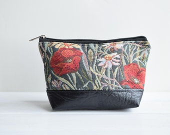 Floral Makeup Bag: Poppy Meadow Print Toiletry Travel Pouch Black bottom