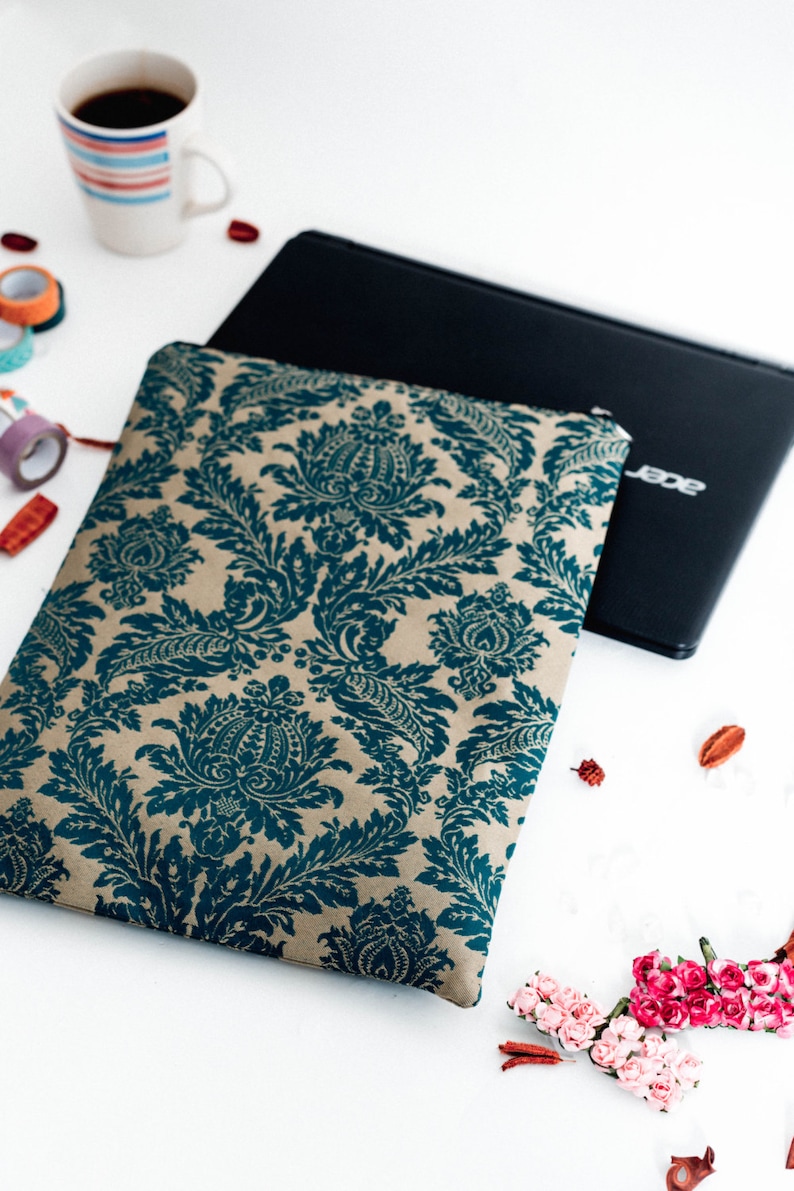 MacBook pro 13 case, MacBook air 13 case, MacBook pro 13 sleeve, MacBook air 13 sleeve, MacBook sleeve, MacBook pro 15 sleeve, Teal, damask 