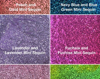Peut inclure: Un collage de tissus présentant différentes couleurs et textures de mini paillettes. Les échantillons comprennent le pêche et l'or, le bleu marine et le vert bleu, la lavande et la lavande, le fuchsia et le fuchsia, le rose pâle et le rose pâle, et le vert lime et le vert lime.