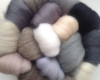 Pack of 16 Neutrals with GREYS, Soft felting Wools, Needle-felting or Wet-felting, wool tops,