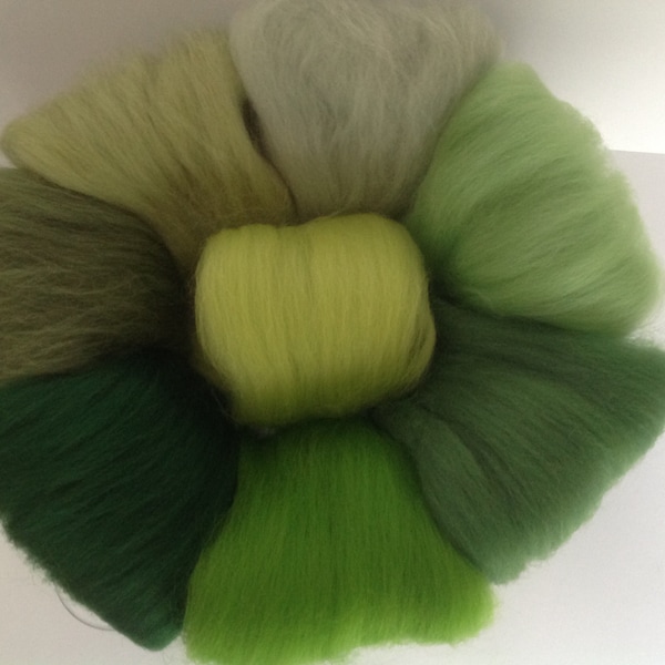 8 Shades of GREEN, Soft Needle felting wool, Merino wool tops, Soft and fine wool for needle felting and wet felting,