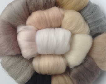 Pack of 16 Light NEUTRAL Colours with Black, felting Wools, Needle-felting or Wet-felting.