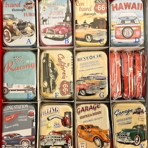CLEARANCE, Small TINS, Retro Cars, Vintage style Tins, Storage Tins, Gift Idea, Button Tin, Sewing box accessory,