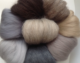 8 Brown & Grey, Felting wool, needle felting, wet felting,  sheep wool fibre, Soft felting wools,