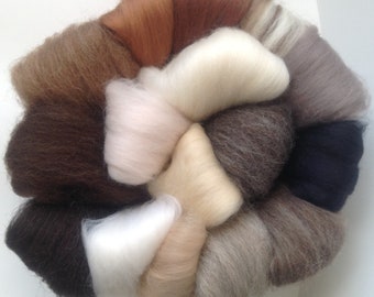 Pack of 16 NEUTRALS with Browns, felting wool, wool tops,