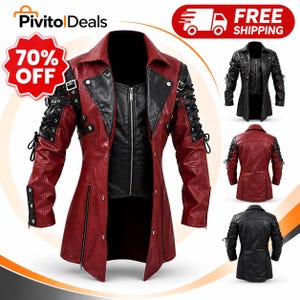 Men's Long Gothic Biker Jacket, Lace Up Sleeve Faux Leather Coat, Punk Rock Streetwear