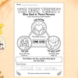 以下が含まれることがあります： 「The Holy Trinity, One God in Three Persons」と題された白黒の教育用塗り絵ページ。中央の三角形が、ハート、イエス、鳩が描かれた円をつないでいます。テキスト、なぞり書きの練習、装飾的な葉のアイコンが含まれています。