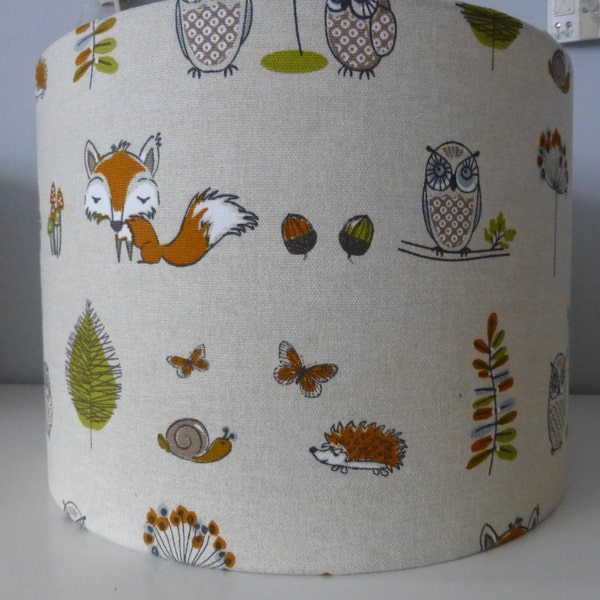 Cute Fox, Owls, Hedgehog, Snail Woodland Animals Children Nursery Fabric Drum Ceiling or Table Lampshade - 30cm & 20cm diameter