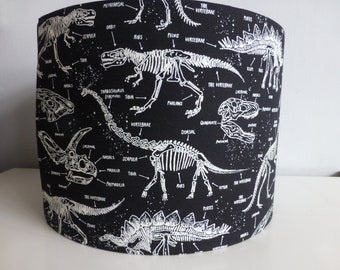 Black Dinosaur Skeletons Glow-in-the-Dark Cotton Fabric Lampshade ~ 30cm & 20cm diameter