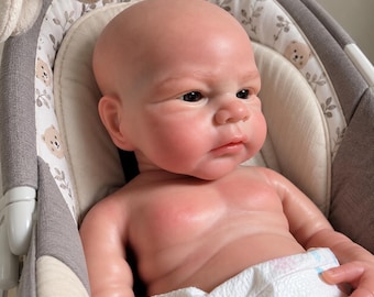 Silicone Reborn Baby Doll, 18 Inch Elijah Boy, Open Mouth, Painted Skin, Handmade Design