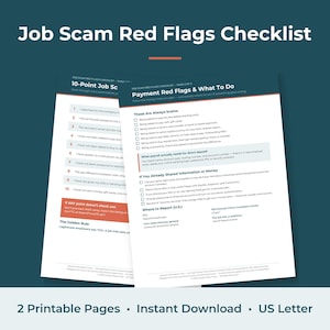 May include: A two-page Job Scam Red Flags Checklist document on white paper with dark blue and orange accents. The text includes 10-Point Job Scam Checklist, Payment Red Flags & What To Do, and sections on reporting scams and the golden rule.