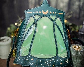 Itabag, lanterne de sac en cuir végétalien vert, sac à dos Ita - sac à bandoulière avec épingles, sac à bandoulière gothique, sac Ita mignon, cadeau pour elle