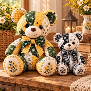 May include: Two patchwork teddy bears sitting side by side. The larger bear features yellow and green floral and gingham fabric with a matching bow tie. The smaller bear is made of black and white floral and gingham fabric with a black bow tie.