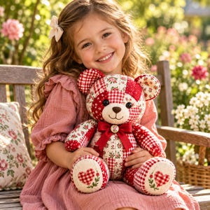 May include: A patchwork teddy bear crafted from red and white fabric featuring gingham, floral, and polka dot patterns. The bear has a dark red ribbon bow at the neck and embroidered red gingham hearts on the feet with green leaf accents.