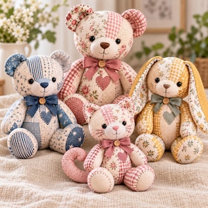 May include: A collection of four stuffed animals including two bears, one rabbit, and one cat. Each plush toy is crafted from patchwork fabric featuring floral, gingham, and star patterns in blue, pink, and yellow, with small wooden buttons.