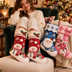 Weihnachtsstrumpf-Nähschnittmuster (PDF), 5 Größen, klassisch, mit Wellenkante und gestepptes Patchwork, A4/US Letter A0, 11 Sprachen