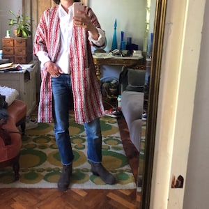 Dries van noten cotton kimono / red white stripes/ woven/ duster light coat / summer trench coat jacquard flapper