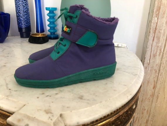 40/41 90s Kickers / Fur Winter Ankle Boots Sneakers / Vintage Women/ Made in Germany Neon Violet Green / Disco Pop Fur Booties US 10 11