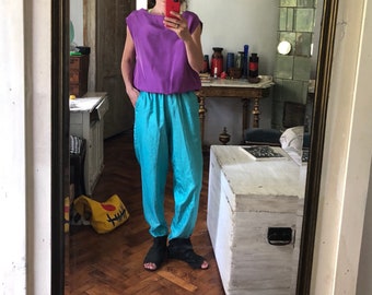 M/ 90s acqua tracksuit nylon turquoise pants / elastic waist blue slacks ski track pants acne