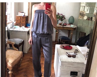 M / Silk strapless grey jumpsuit / palazzo trousers / grey dress trousers suit