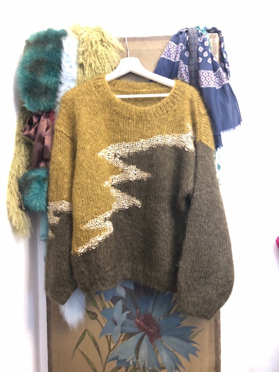 80s oversized mohair khaki silver hand knit wool j
